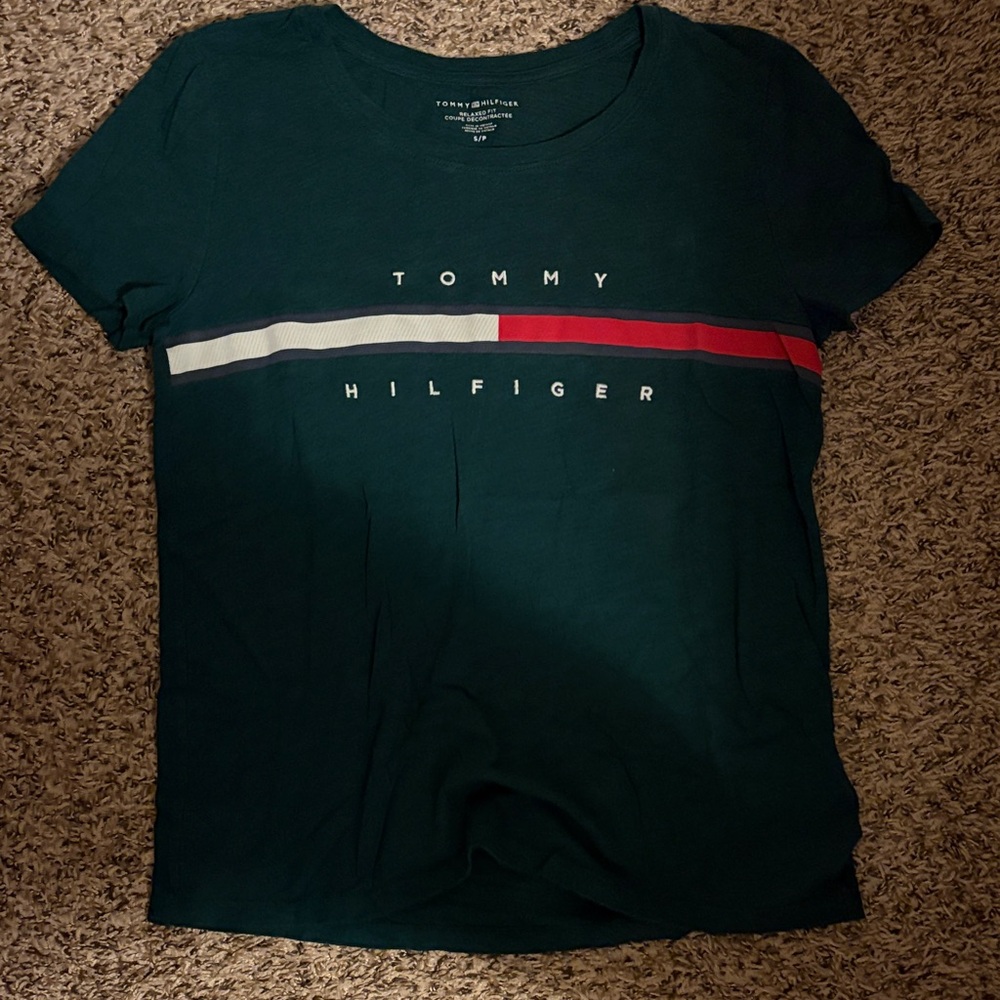 Tommy Hilfiger Dark Teal Short Sleeve Logo Stripe Tee